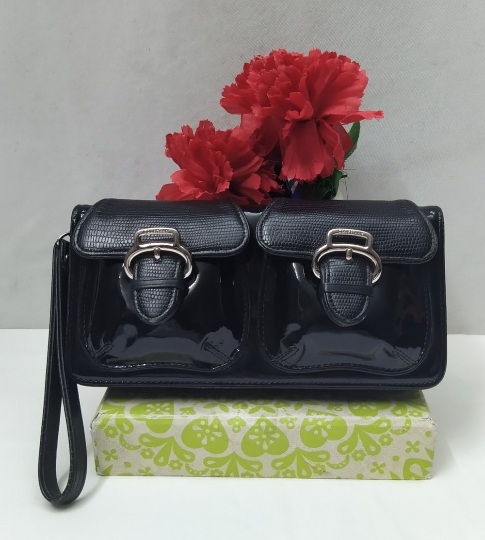 Cole Haan Black Pattent Leather Buckle Pockets Bifold Wristlet - Wallet